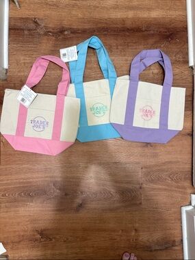 NWT Set of 3 Mini Trader Joe's Pastel Canvas Tote Pink, Blue, Purple Bags